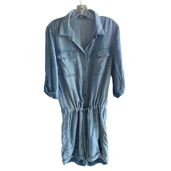 SILVER M Chambray Romper Drawstring Waist Roll Tab Sleeves Button Front Lyocell - Picture 8 of 10